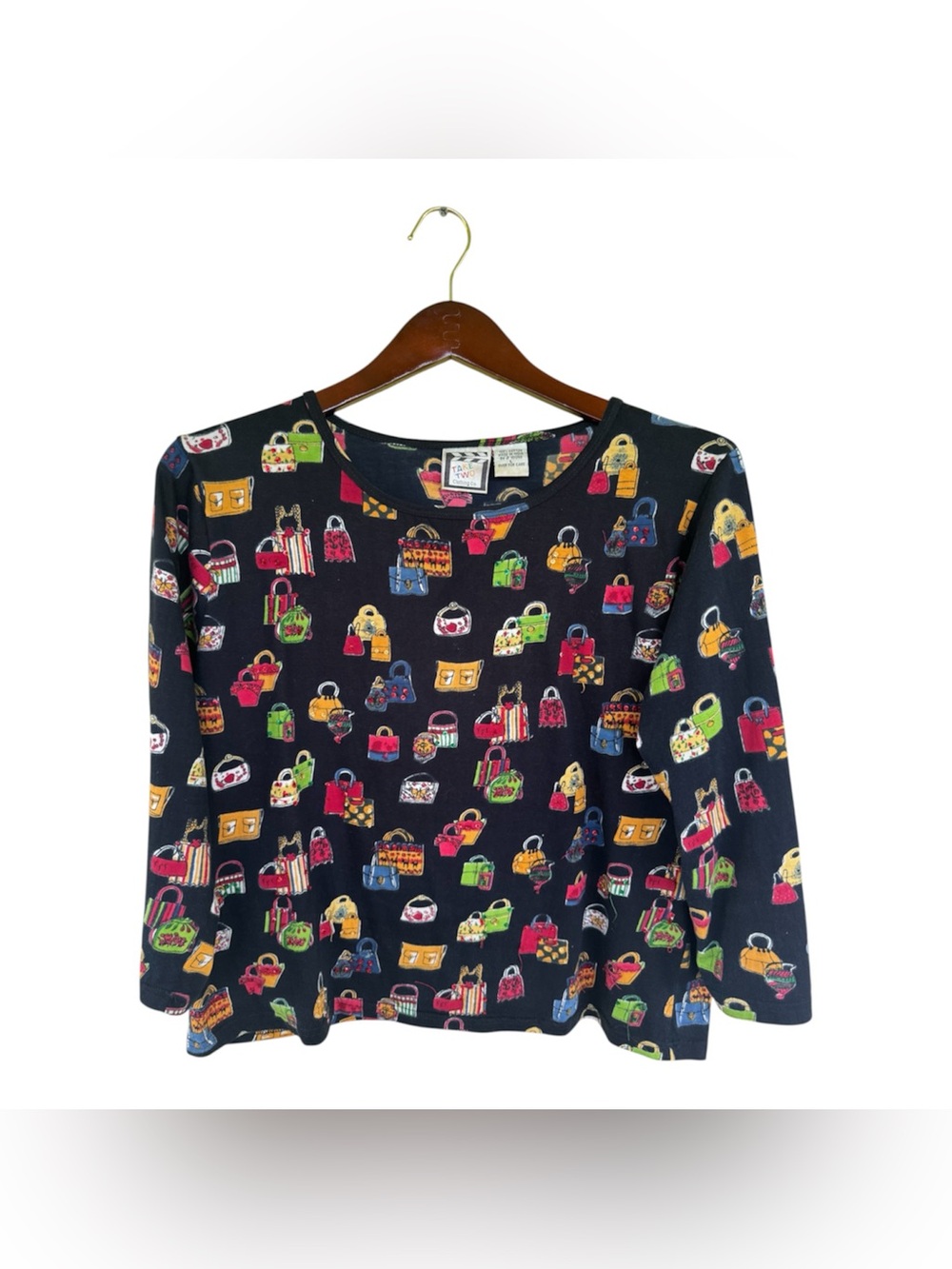Vintage Take Two Clothing Co Novelty Handbag Print Top L Sequin Embellished